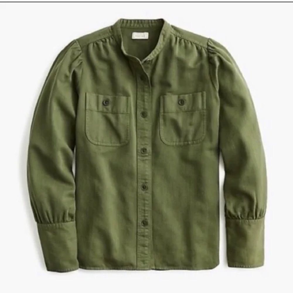 J. Crew Point Sur Olive Green puff sleeve Button Down Twill Shacket Blouse small